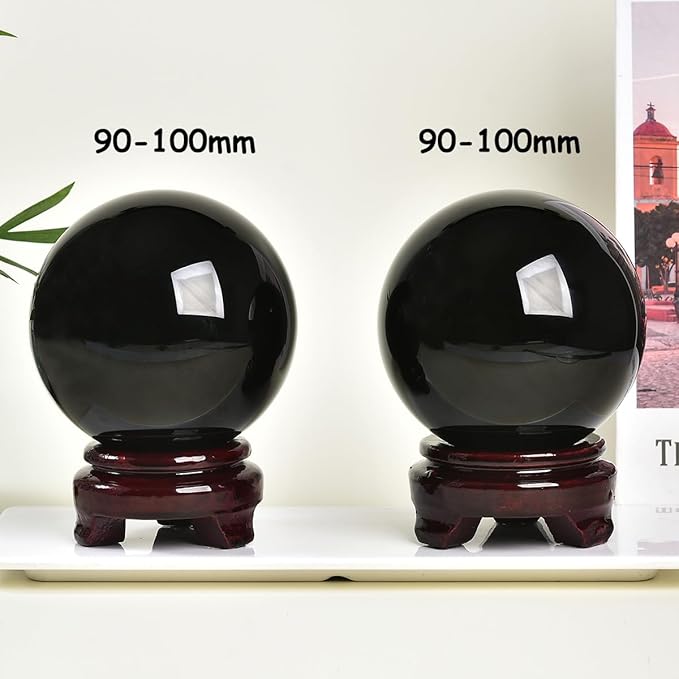Black Obsidian Crystal Ball with Stand Large Healing Crystals Sphere for Meditation, Divination, Witchcraft 90-100mm/3.5-3.9"