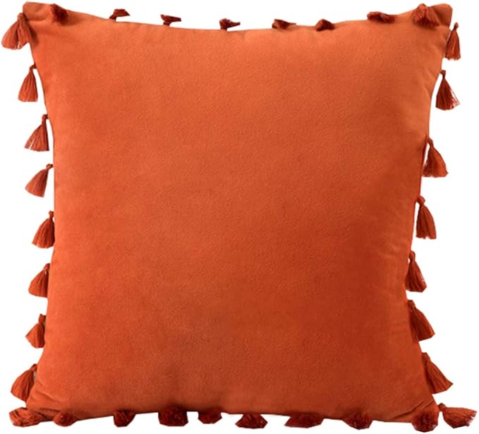 vctops Velvet Soft Solid Decorative Throw Pillow Cover with Tassels Boho Accent Cushion Case for Couch Bedroom Car Orange 18''x18''