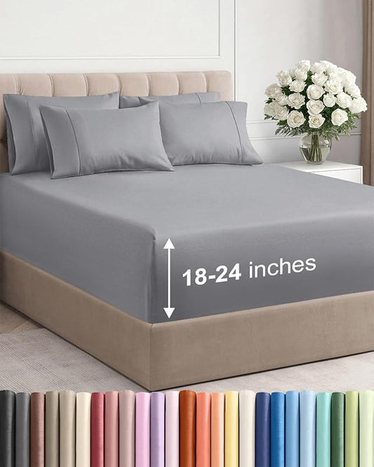 Extra Deep Cal King Sheet Set - 6 Piece Breathable and Cooling Sheets - Hotel Luxury Bed Sheets Set - Easy Fit - Soft, Wrinkle Free and Comfy Sheets Set - Steel Blue Sheet Set with Extra Deep Pockets