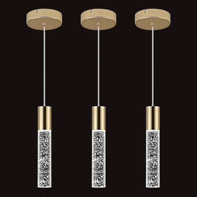 OKELI Modern Pendant Lights,LED Bubble Crystal Kitchen Island Light Fixtures,Mini Single Pendant Lighting for Kitchen Island,Bar,6W,6000K,Gold,3Pack