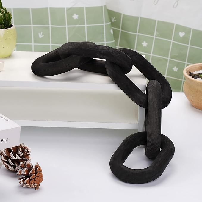 Decorative Wood Chain Link Modern Boho Home Farmhouse Decor, 5 Link Chain Decor Hand-Carved Wooden Aesthetic Crafts, Sustainable Pine Wood for Shelf, Living Room, Rustic Country(Black)