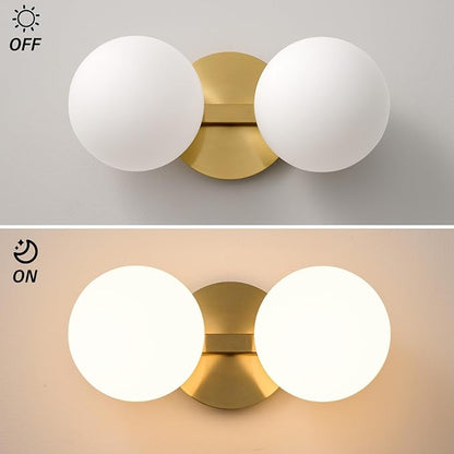 Gold Bathroom Vanity Light Fixtures: Modern Wall Scones With 2 Milk Glass Shades - Globe Makeup Lighting Fixture over Mirror - Brass Ball Powder Room Vanities Lights for Hallway Bedroom Bulbs Excluded