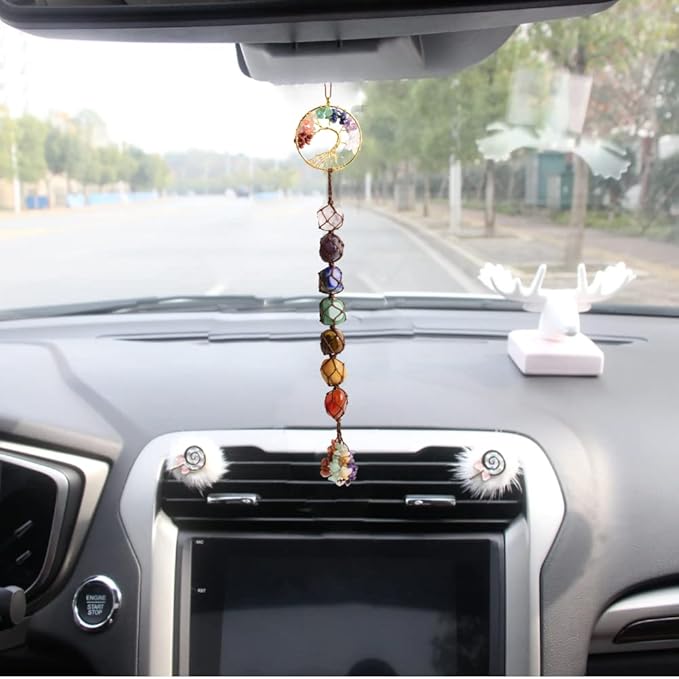 3 Pieces of 7 Chakras Healing Crystals and Tree of Life Wall Hanger Tumbled Gemstones Meditation Hanging Ornament Christmas Tree Memorial Hanging Pendant (Style 3)