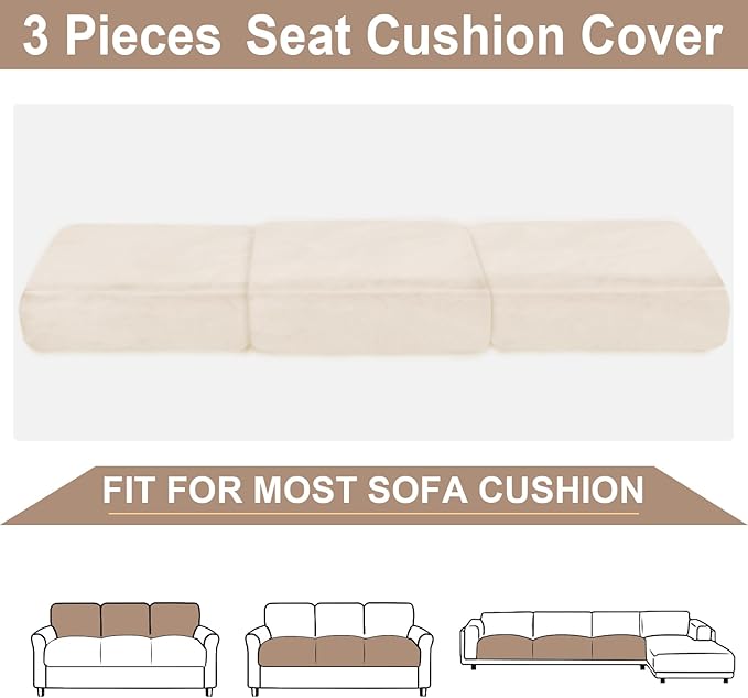 NAISI Couch Cushion Covers 3 Pieces Velvet Stretch Sofa Seat Covers or Backrest Covers Soft Individual Couch Covers for Sectional Sofa(3 Pcs for 3-Seat Cushion,Beige)