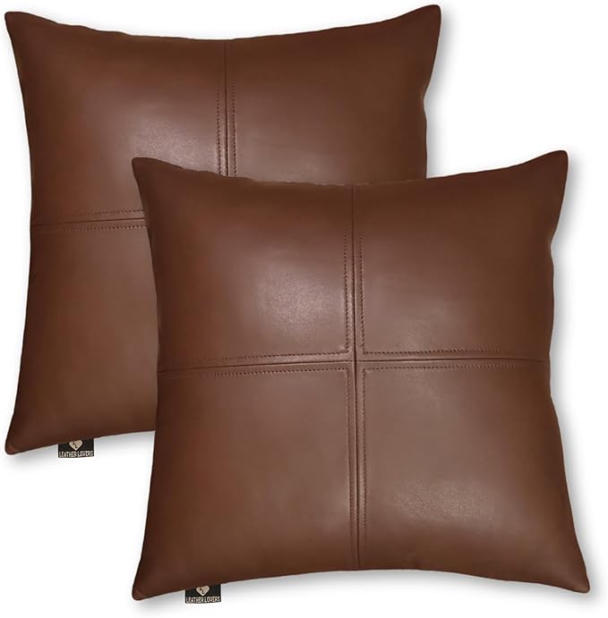 LL LEATHER LOVERS Lambskin Leather Pillow Cover, Hand Panel Stitched Leather Decorative Throw Pillow Covers for Couch Sofa Bed Living Room Garden (18x18 Inches, Dark Brown Pack of 2)