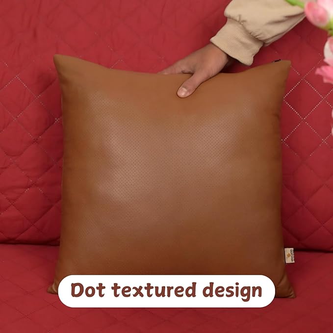 Genuine Lambskin Leather Pillow Cover, 14x14 Inch Case for Lumbar Throw Couch Pillows, Thick & Soft Cushion Covers for Sofa Bed Home Décor (Textured Tan Pack of 2)