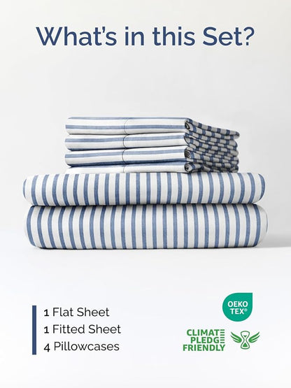 Extra Deep Cal King Sheet Set - 6 Piece Breathable & Cooling Sheets - Hotel Luxury Bed Sheets Set - Easy Fit - Soft, Wrinkle Free & Comfy Sheets Set - Blue Striped Sheet Set with Extra Deep Pockets