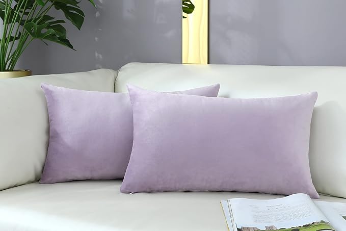 mixeoo Comfy Lavender Throw Pillow Covers Decorative Lumbar Solid Rectangle Thick Velvet Super Soft Cushion Cases Home Decor for Sofa Couch Living Room Chair, Set of 2, 12 x 20 Inch