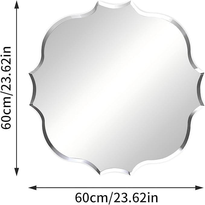 Frameless Scalloped Wall Mirror: Decorative Scallop Round Mirrored Glass Vanity with Beveled Silver Edge for Bathroom Bedroom Livingroom Dining Room Entryway Hallway, 24 x 24 inch
