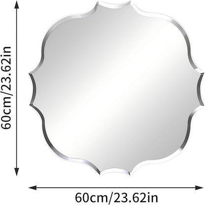 Frameless Scalloped Wall Mirror: Decorative Scallop Round Mirrored Glass Vanity with Beveled Silver Edge for Bathroom Bedroom Livingroom Dining Room Entryway Hallway, 24 x 24 inch