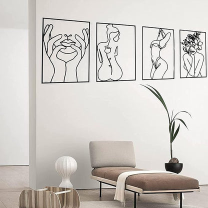 Glamativity Large 4 Pack Black Wall Art, Minimalist Single Line Art, Real Metal Wall Art, Woman's Body Shape Abstract Art (Black Classic Style, L Size 22.5 x 15.7'')