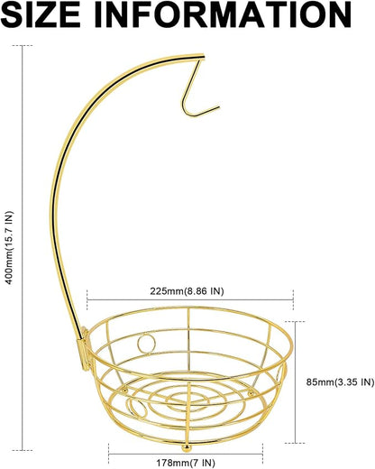 Livabber Countertop Fruit Basket Bowl with Banana Hanger, Modern Standing Fruit Vegetable Bowl Storage, with Banana Tree Holder for Kitchen Dinning Table (Round Metal, Gold)