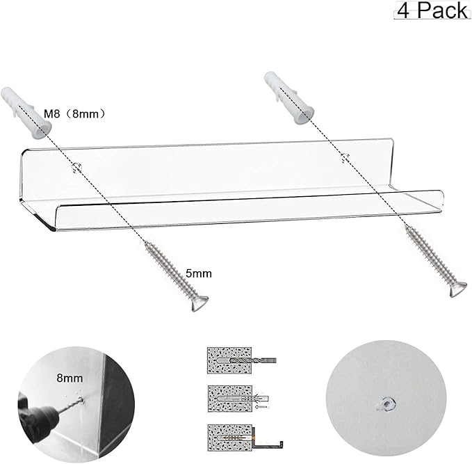 Cerpourt Acrylic Floating Wall Ledge Shelf, Wall Mounted Nursery Kids Bookshelf, Invisible Spice Rack, Clear Bathroom Storage Shelves Display,Acrylic 15" Invisible Bookshelf, Set of 4