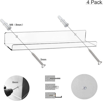 Cerpourt Acrylic Floating Wall Ledge Shelf, Wall Mounted Nursery Kids Bookshelf, Invisible Spice Rack, Clear Bathroom Storage Shelves Display,Acrylic 15" Invisible Bookshelf, Set of 4