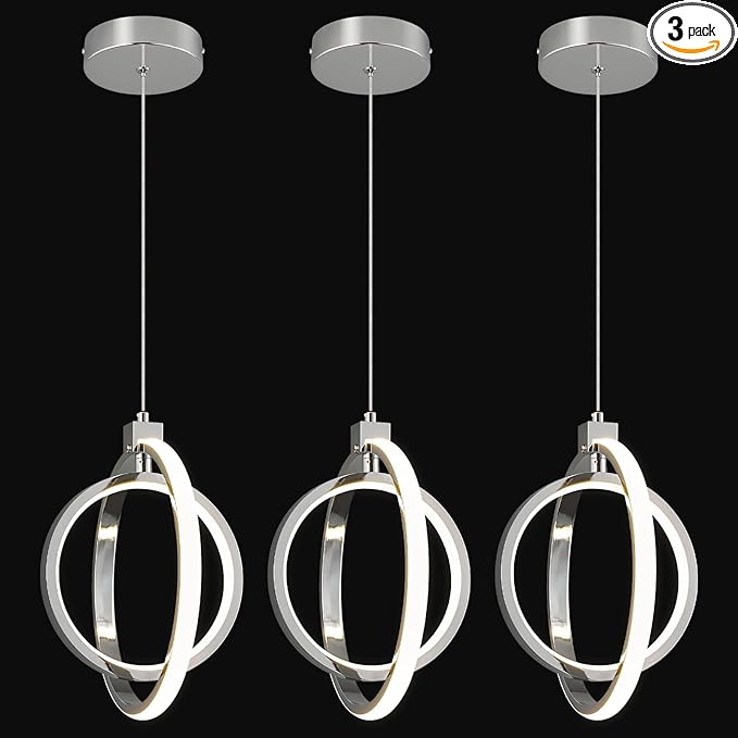 Modern LED Chandelier Chrome Ring Pendant Light Fixtures 4000K Dimmable Height Adjustable Pendant Lighting for Dining Room Kitchen Island Bedroom Living Room Foyer（Chrome Round 3-Pack）