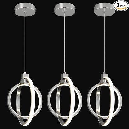 Modern LED Chandelier Chrome Ring Pendant Light Fixtures 4000K Dimmable Height Adjustable Pendant Lighting for Dining Room Kitchen Island Bedroom Living Room Foyer（Chrome Round 3-Pack）