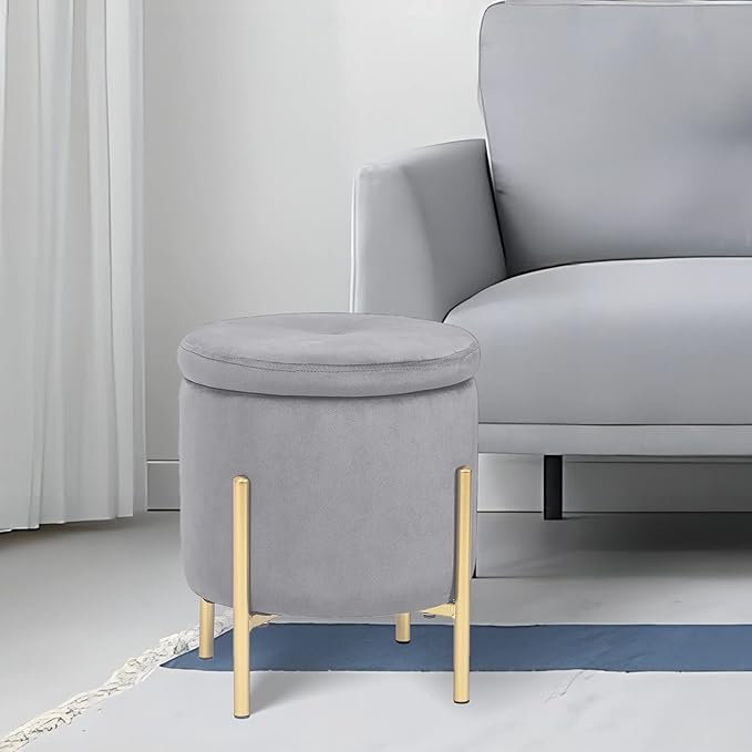 Adeco Upholstered Tufted Round Storage Ottomans, Grey Modern Velvet Footrest Ottomans with Storage for Couch
