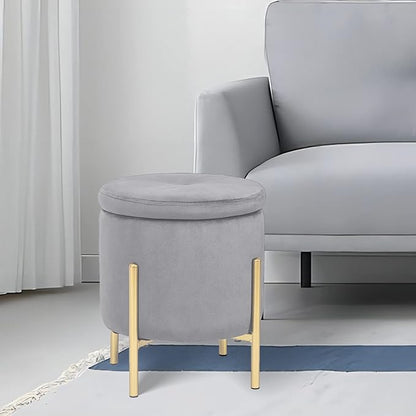 Adeco Upholstered Tufted Round Storage Ottomans, Grey Modern Velvet Footrest Ottomans with Storage for Couch
