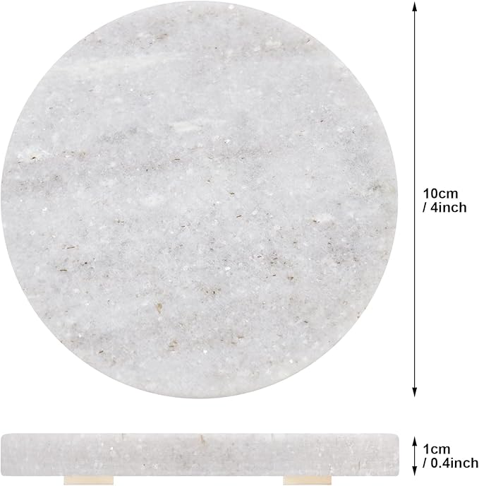 Light Gray Marble Coasters with Bling Particles Set of 4 - Natural Marble Stone Drink Coaster with Protective Silicone Feet, 4 inch Diameter, 0.4 inch Thick - Heat-Resistant Coasters for Coffee Table