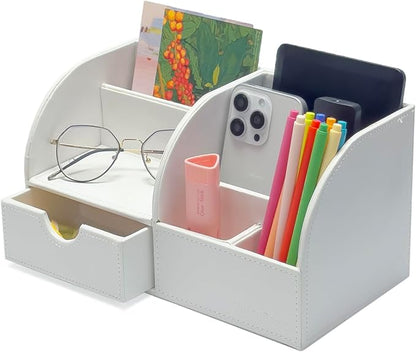 UnionBasic Office Desk Organizer - Multifunctional PU Leather Desktop Storage Box - Business Card/Pen/Pencil/Mobile Phone/Stationery Holder, White