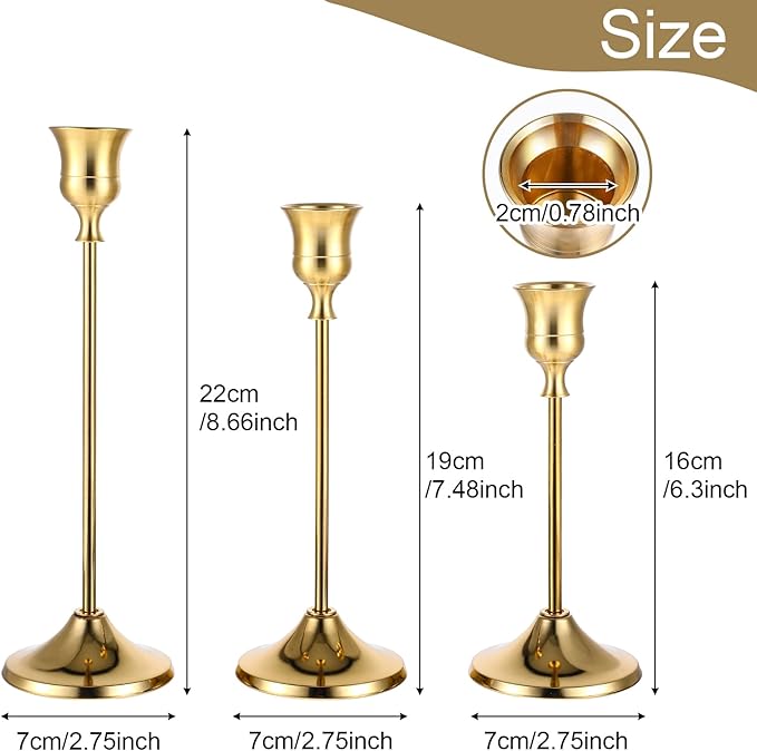 12 Pack Brass Golden Candlestick Holders, Vintage Taper Candle Holders Set in 3 Sizes for Dining Table, Fireplace, Party Decor
