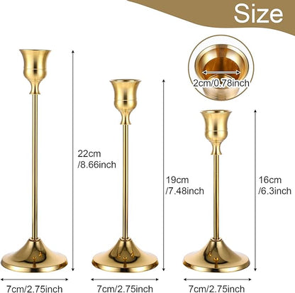 12 Pack Brass Golden Candlestick Holders, Vintage Taper Candle Holders Set in 3 Sizes for Dining Table, Fireplace, Party Decor