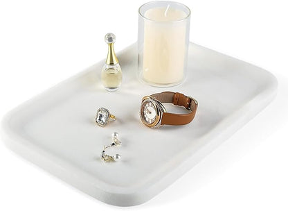 Koville Marble Tray, 12"x8" Marble Vanity Tray for Bathroom Kitchen Countertop, Rectangular Stone Tray for Cosmetics Perfume Trinket, Decorative Catchall Trays (White)