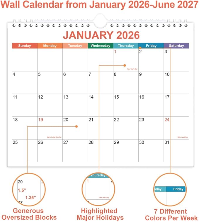 Calendar 2026, Wall Calendar 2026-2027 from January 2026 - June 2027, 18 Months Calendar with Premium Paper, Twin-Wire Binding & Hanging Hook, 8.5" x 11", Colorful