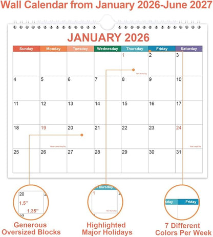 Calendar 2026, Wall Calendar 2026-2027 from January 2026 - June 2027, 18 Months Calendar with Premium Paper, Twin-Wire Binding & Hanging Hook, 8.5" x 11", Colorful