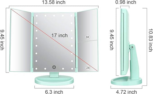 deweisn Tri-Fold Lighted Vanity Tabletop Mount Mirror with 21 LED Lights, Touch Screen and 3X/2X/1X Magnification, Two Power Supply Mode Make up Mirror,Travel Mirror