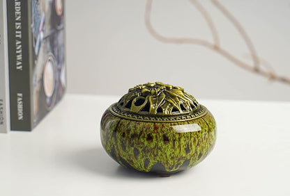 Incense Burner with Calabash Incense Stick Holder - Porcelain Charcoal Censer for Use with Resin Granular Powder Cone or Coil Incense (Kiln-Colored Green)