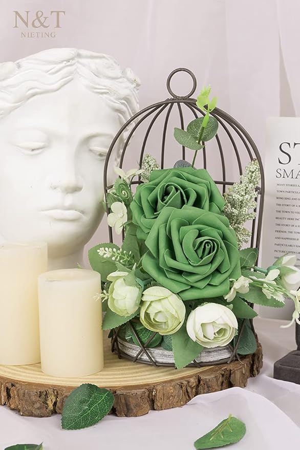 N&T NIETING Artificial Flowers Roses Army Green Foam Rose 50pcs Fake Flowers with Stem for DIY Wedding Bouquets Centerpieces Bridal Baby Shower Party Home Shower Arrangement Decoration