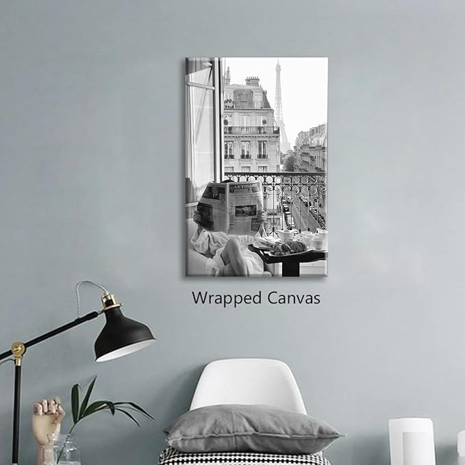 Black and White Photography Canvas Wall Art, Woman Reading Newspaper In Paris Hotel Aesthetic Poster, Retro Paris Tower Museum Photo Print, Luxury Fashion Breakfast Wall Decor 24x36in Wrapped Canvas