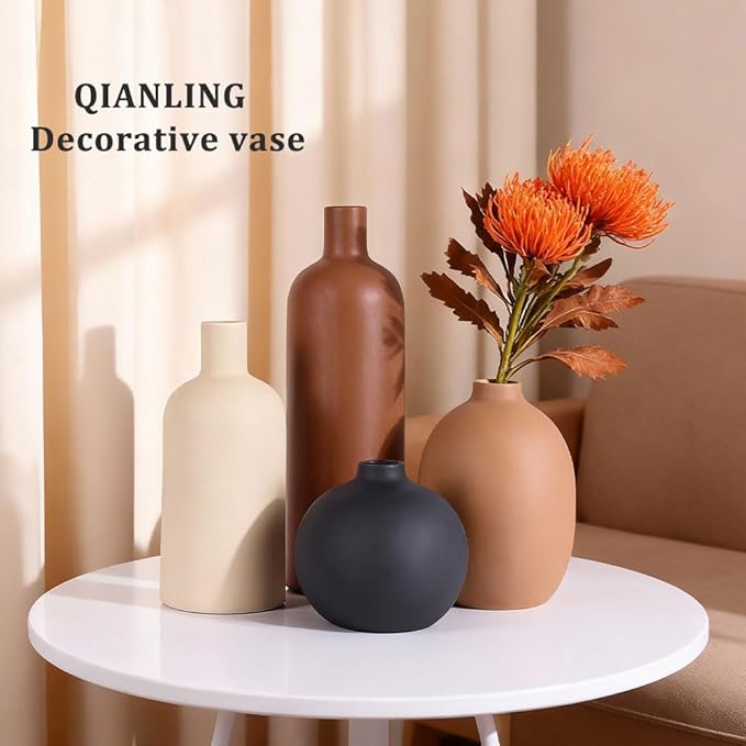 Ceramic Vase Set of 4, Modern Vases Home Decor, Neutral Decorative Vase for Bouquet Pampas Grass Dried Fresh Flowers, Small Vase for Living Room, Kitchen, Bedroom, Bathroom, Entryway Mantel, Decor