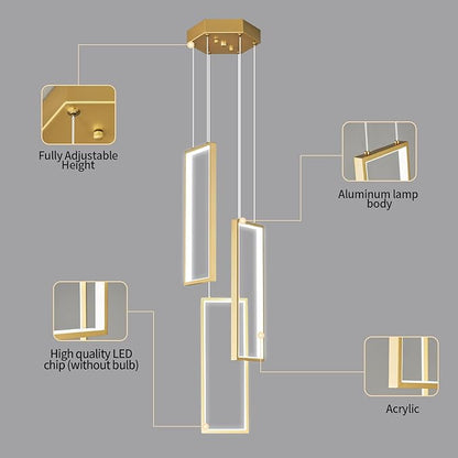 Modern Kitchen Pendant Light Fixture Gold 40W LED Pendant Light 3 Rings Rectangle Chandelier Pendant Lighting for Kitchen Island Living Room Dining Room Bedroom