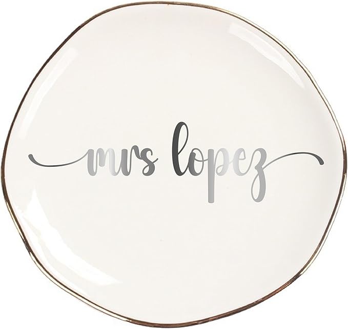 Personalized Ceramic Gold Trim Jewelry Tray Bridesmaid Wedding Engagement Gifts Jewelry Dish Decorative Trinket Custom Ring Dish With Name Couple Initials (Style E)