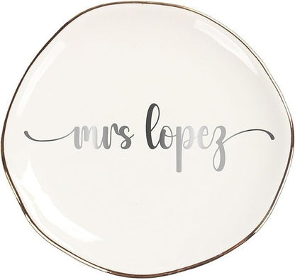 Personalized Ceramic Gold Trim Jewelry Tray Bridesmaid Wedding Engagement Gifts Jewelry Dish Decorative Trinket Custom Ring Dish With Name Couple Initials (Style E)