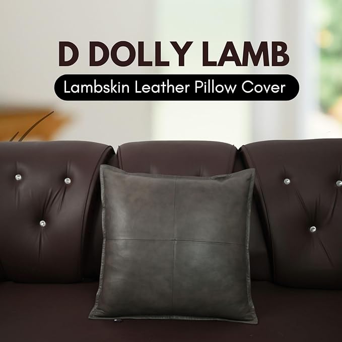 D DOLLY LAMB Lambskin Leather Pillow Cover - Sofa Cushion Case - Decorative Throw Covers for Living Room & Bedroom, 16x16 Inches - Grey Antique Box Pack of 1