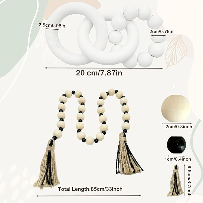 2 pcs Decorative Wood Knot Link Chain and Bead Decor, White Wooden Knot Decor for Coffee Table Farmhouse Decortive for Home Boho Modern Shelf Decortion(White)