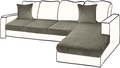 Sectional Couch Covers for 4-Piece Seat Cushion Velvet Separate L Shape Couch Cover Stretch Sofa Slipcover with 2 Pieces Pillowcases Furniture Protector (Sofa 3 Seater + 1 Chaise, Olive Green)