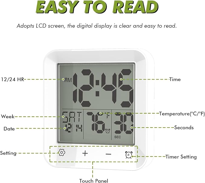Digital Shower Clock Waterproof, Bathroom Wall Clock Timer with Touch Screen, Temperature, LCD Display, Suction Cup Hanging Hole Stand for Kids and Adults