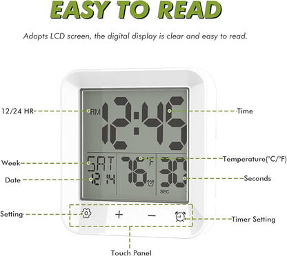 Digital Shower Clock Waterproof, Bathroom Wall Clock Timer with Touch Screen, Temperature, LCD Display, Suction Cup Hanging Hole Stand for Kids and Adults