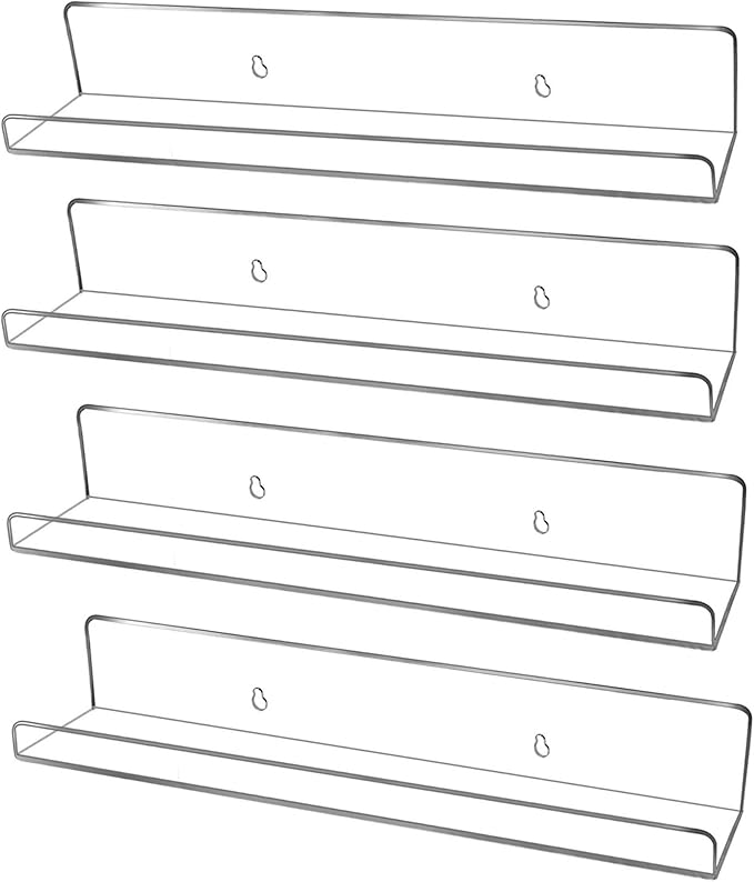 evron Acrylic Floating Shelves – 4-Pack Clear Wall Shelf for Bathroom, Bedroom, or Kitchen – Easy Installation with Adhesive (No-Drill) or Screws (Drill Required) – 13.8" Modern Rack (Clear 4 Pack)