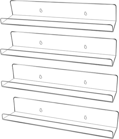 evron Acrylic Floating Shelves – 4-Pack Clear Wall Shelf for Bathroom, Bedroom, or Kitchen – Easy Installation with Adhesive (No-Drill) or Screws (Drill Required) – 13.8" Modern Rack (Clear 4 Pack)