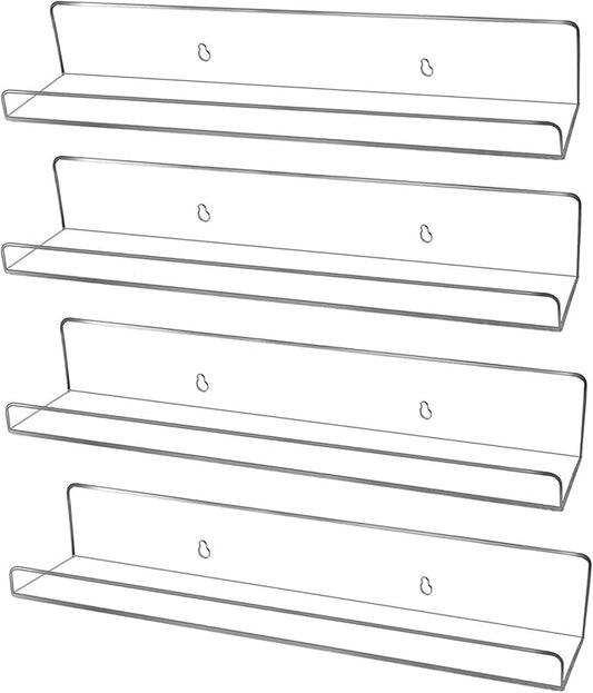 evron Acrylic Floating Shelves – 4-Pack Clear Wall Shelf for Bathroom, Bedroom, or Kitchen – Easy Installation with Adhesive (No-Drill) or Screws (Drill Required) – 13.8" Modern Rack (Clear 4 Pack)