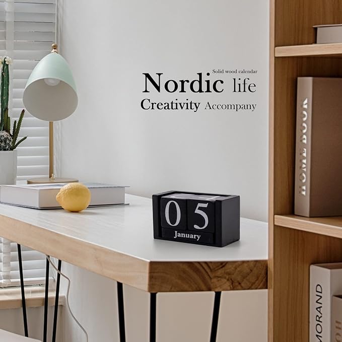 Perpetual Desk Calendar Wooden Block Calendar for Desk Reusable Date Display Blocks for Office Home Decor Teacher Classroom Accessory (Black)