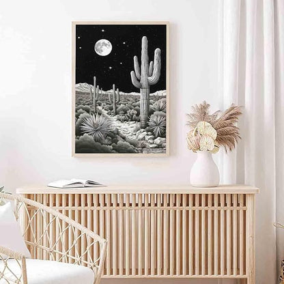 Black And White Cactus Wall Art Black Western Canvas Desert Landscape Wall Art Southwest Theme Pictures Vintage Cactus Print Vintage Night Landscape Print Mid Century Boho Picture 16x24inch No Frame