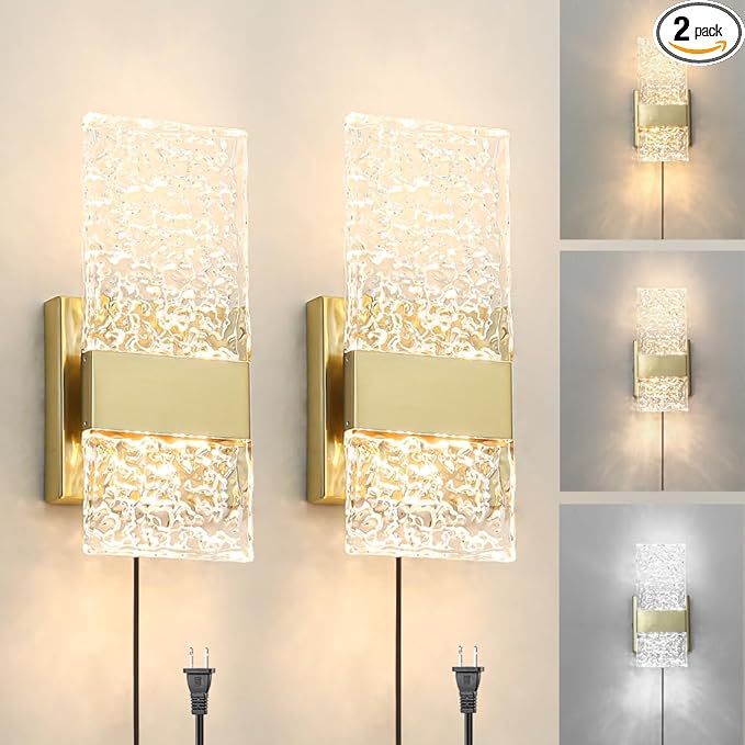 Plug in Wall Sconce Set of 2 - Small Gold Dimmable Bedroom Wall Light, Remote Control 6W LED 3000K-5000K Plug-in Wall Lamp with Timer, Acrylic Sconce Wall Lighting Bedside, Living Room, Bathroom