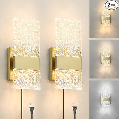 Plug in Wall Sconce Set of 2 - Small Gold Dimmable Bedroom Wall Light, Remote Control 6W LED 3000K-5000K Plug-in Wall Lamp with Timer, Acrylic Sconce Wall Lighting Bedside, Living Room, Bathroom