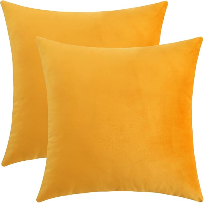 Jeneoo Comfy Soft Thick Velvet Throw Pillow Cases for Sofa Couch, Decorative Solid Square Cushion Covers for Bedroom Car (Golden Yellow, 20 x 20 Inches, 2 Pieces)